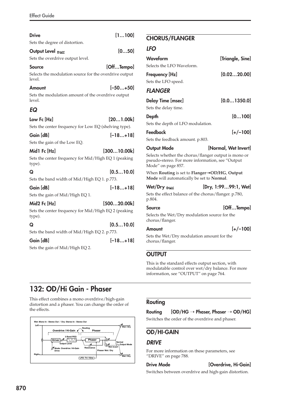 Chorus/flanger, Output, Od/hi gain - phaser | Routing, Od/hi-gain, Chorus/flanger lfo, Flanger, Od/hi-gain drive | KORG Electronic Keyboard User Manual | Page 880 / 1127