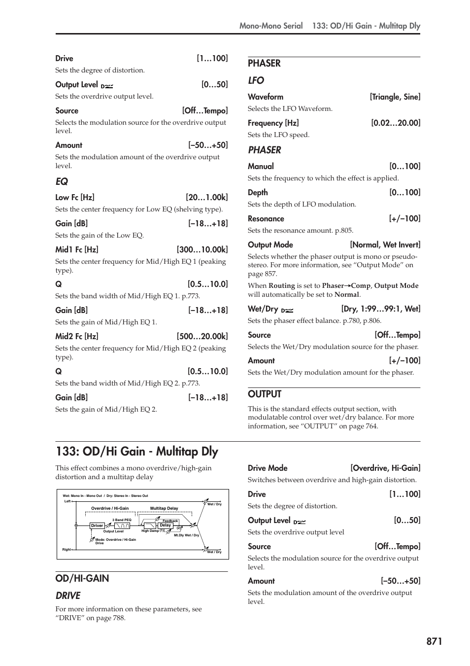 Phaser, Output, Od/hi gain - multitap dly | Od/hi-gain, Phaser lfo, Od/hi-gain drive | KORG Electronic Keyboard User Manual | Page 881 / 1127