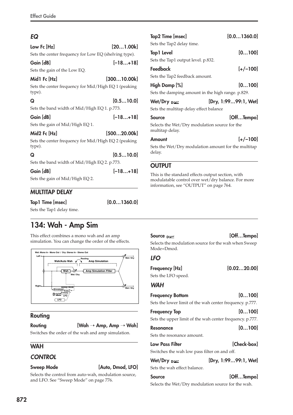 Multitap delay, Output, Wah - amp sim | Routing, 872 eq, Wah control | KORG Electronic Keyboard User Manual | Page 882 / 1127