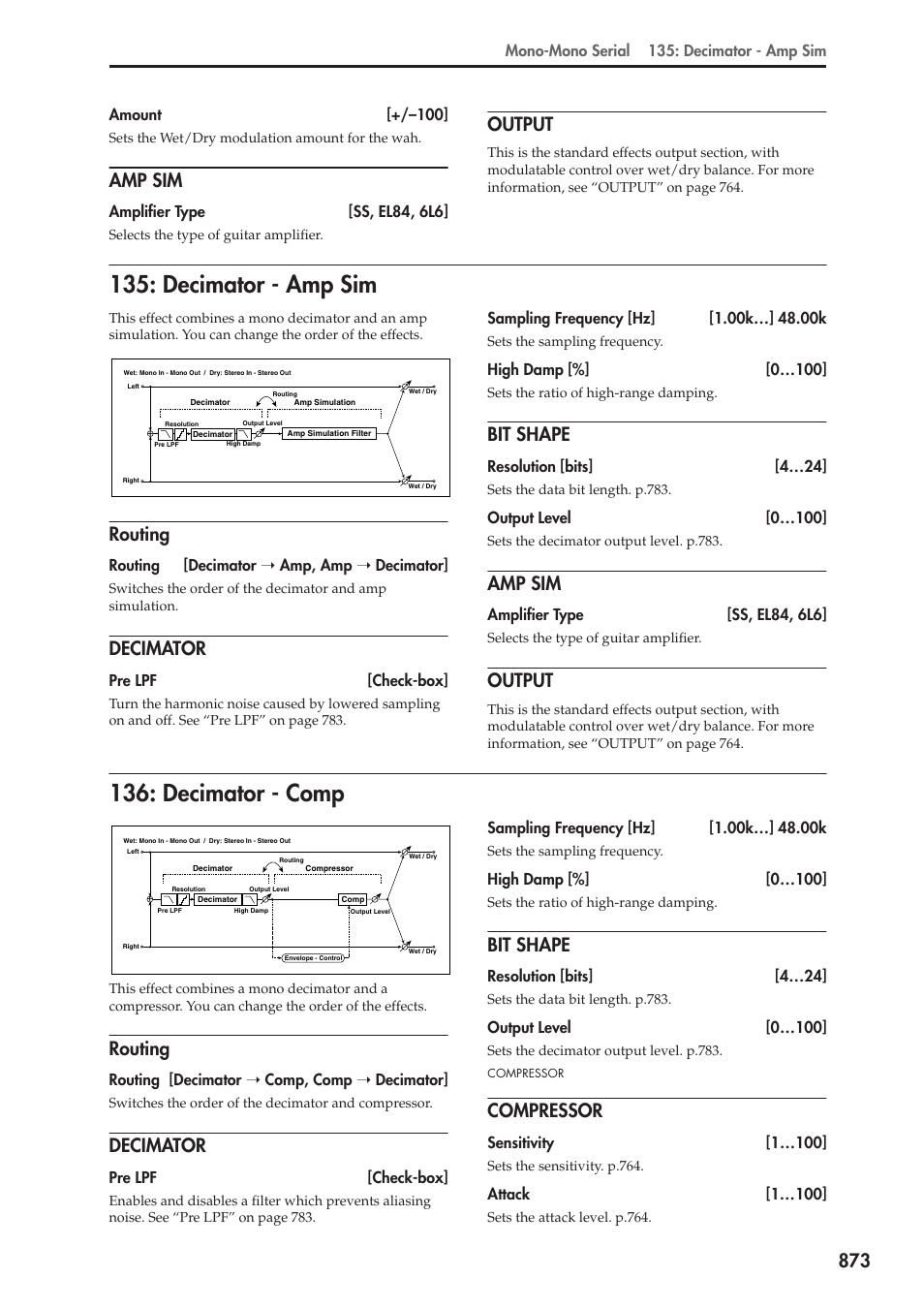 Amp sim, Output, Decimator - amp sim | Routing, Decimator, Bit shape, Decimator - comp, Compressor, Decimator - amp sim 136: decimator - comp | KORG Electronic Keyboard User Manual | Page 883 / 1127