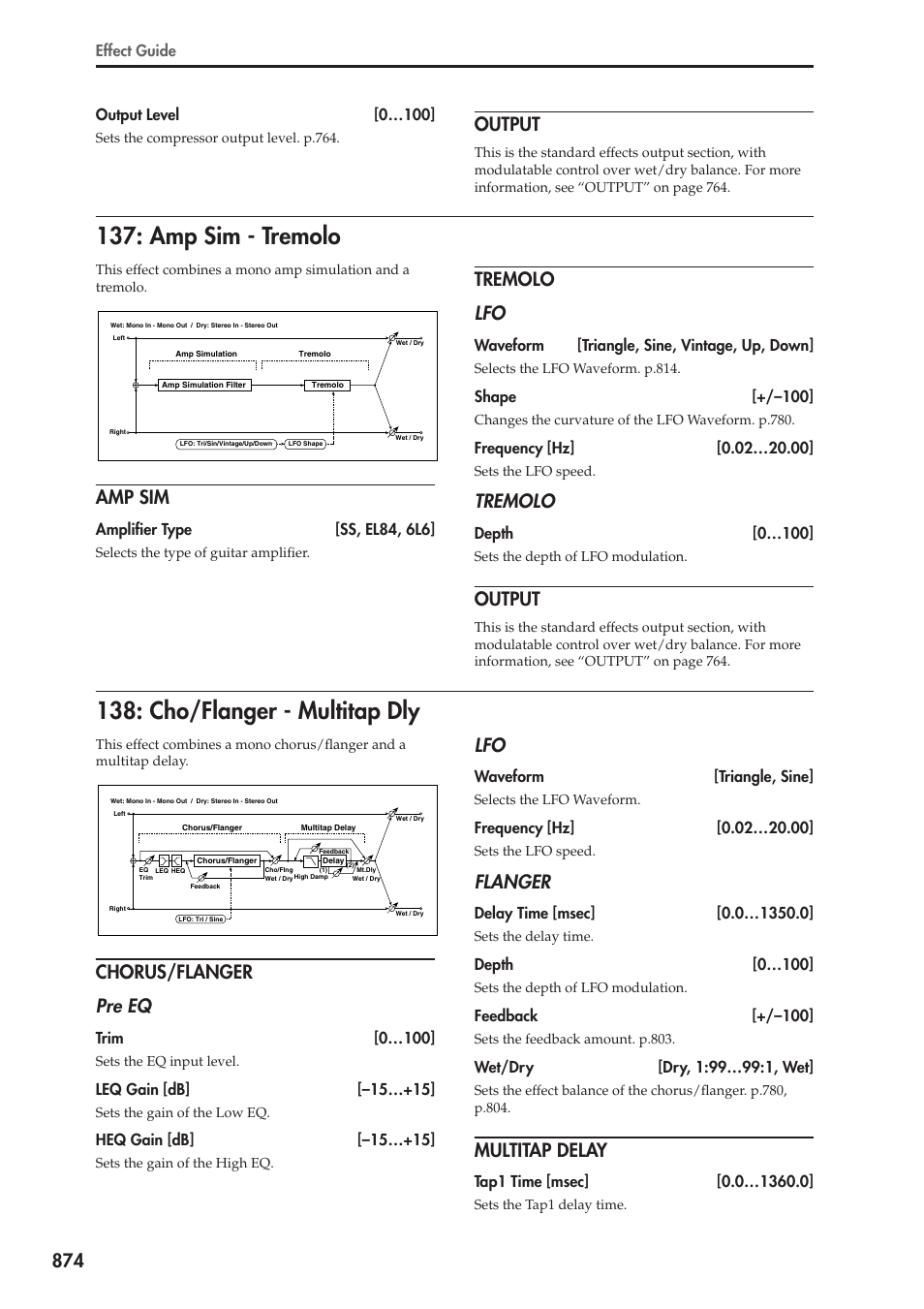 Output, Amp sim - tremolo, Amp sim | Tremolo, Cho/flanger - multitap dly, Chorus/flanger, Multitap delay, Amp sim - tremolo 138: cho/flanger - multitap dly, Tremolo lfo, Chorus/flanger pre eq | KORG Electronic Keyboard User Manual | Page 884 / 1127