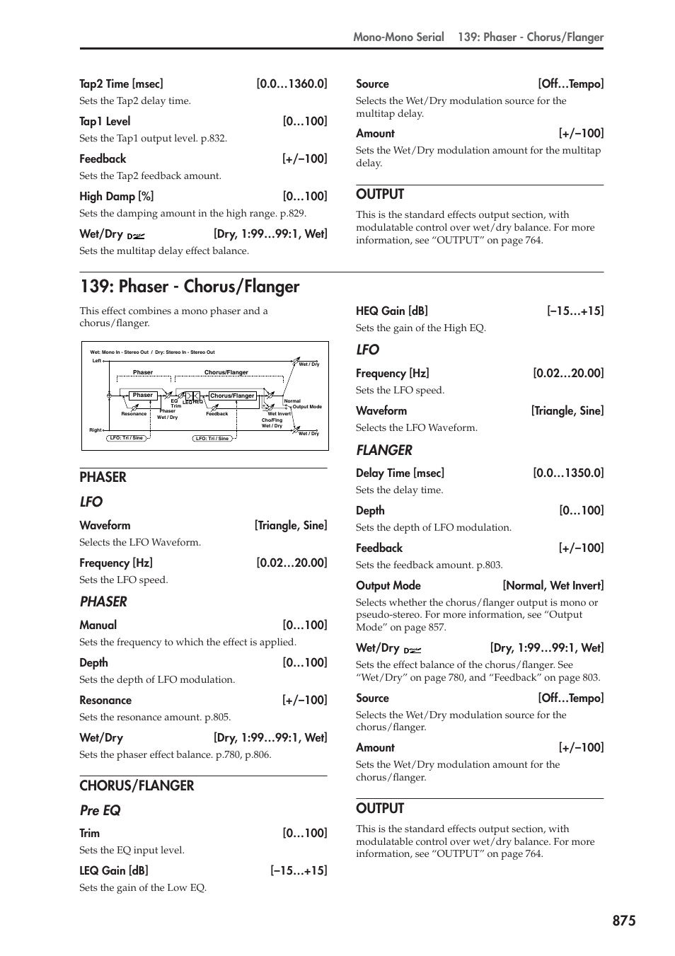 Output, Phaser - chorus/flanger, Phaser | Chorus/flanger, Phaser lfo, Chorus/flanger pre eq, Flanger | KORG Electronic Keyboard User Manual | Page 885 / 1127