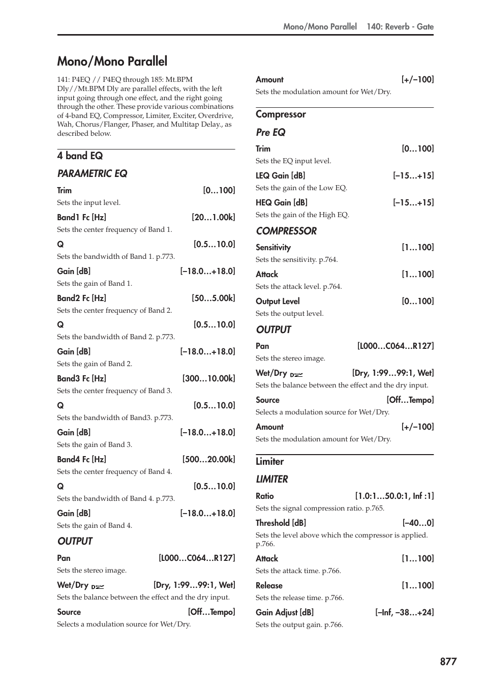 Mono/mono parallel, 4 band eq, Compressor | Limiter | KORG Electronic Keyboard User Manual | Page 887 / 1127