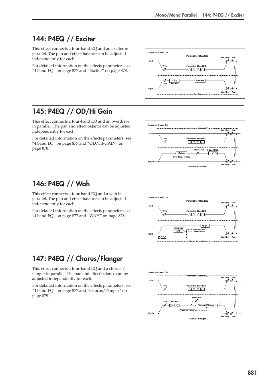P4eq // exciter, P4eq // od/hi gain, P4eq // wah | P4eq // chorus/flanger, Mono/mono parallel 144: p4eq // exciter | KORG Electronic Keyboard User Manual | Page 891 / 1127