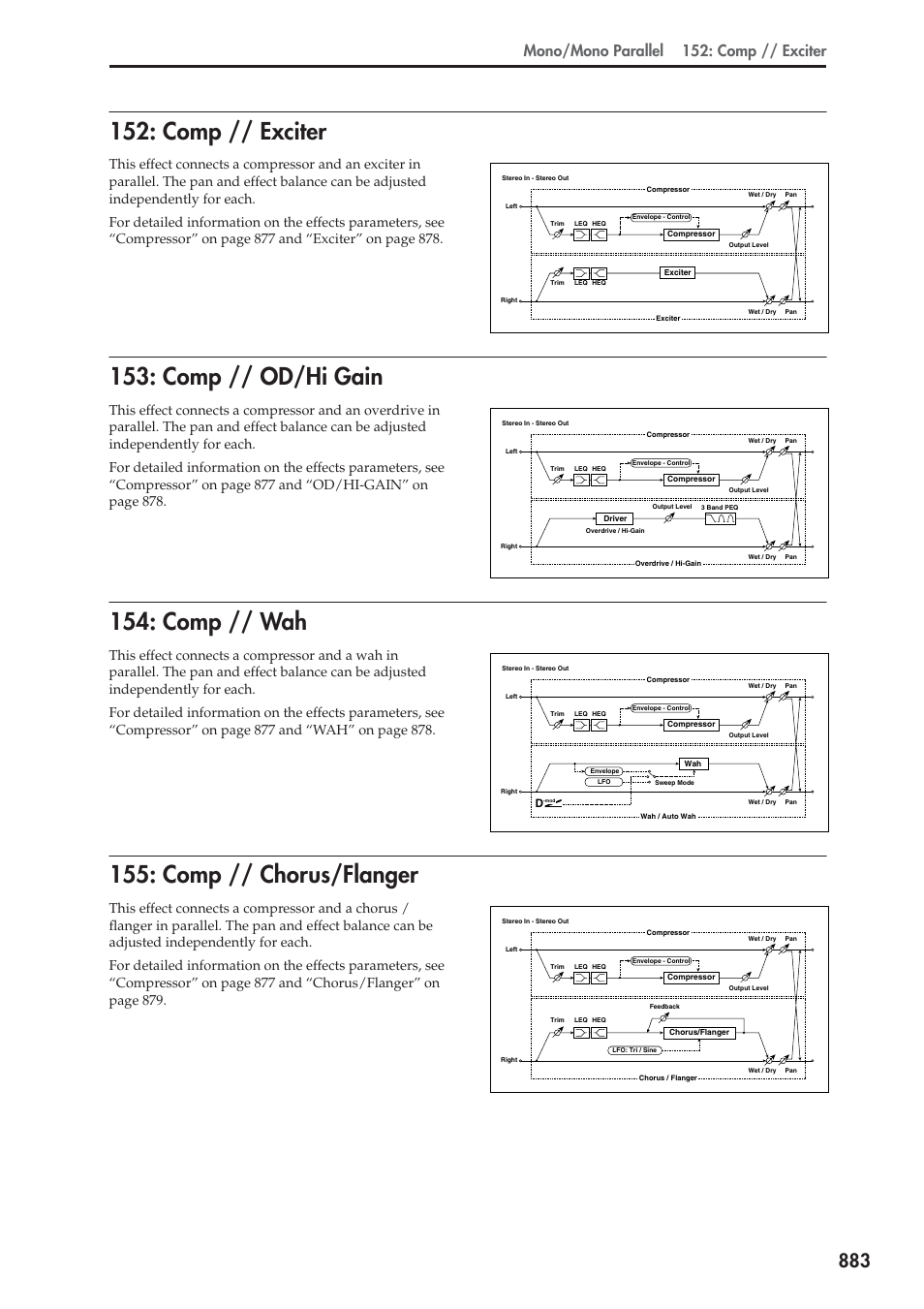 Comp // exciter, Comp // od/hi gain, Comp // wah | Comp // chorus/flanger, Mono/mono parallel 152: comp // exciter | KORG Electronic Keyboard User Manual | Page 893 / 1127