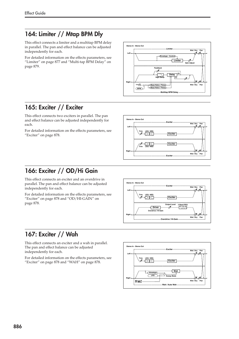 Limiter // mtap bpm dly, Exciter // exciter, Exciter // od/hi gain | Exciter // wah, Effect guide | KORG Electronic Keyboard User Manual | Page 896 / 1127