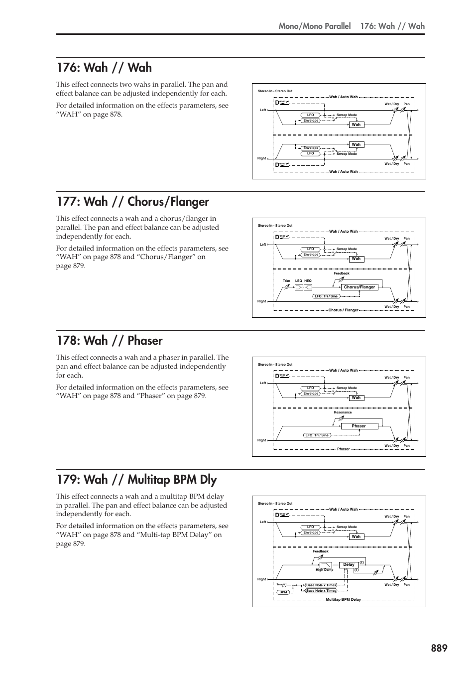 Wah // wah, Wah // chorus/flanger, Wah // phaser | Wah // multitap bpm dly, Mono/mono parallel 176: wah // wah | KORG Electronic Keyboard User Manual | Page 899 / 1127