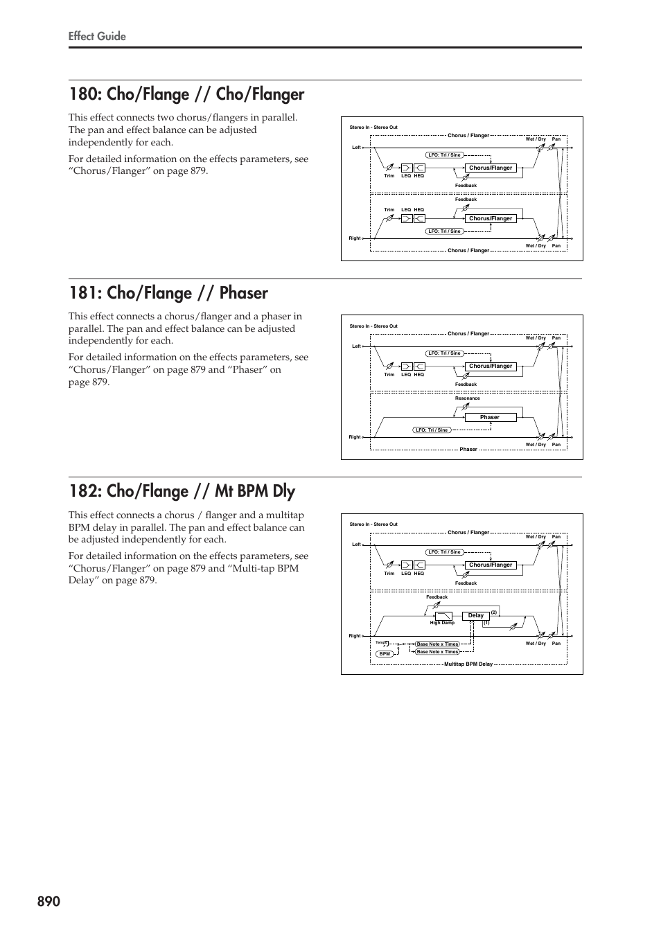 Cho/flange // cho/flanger, Cho/flange // phaser, Cho/flange // mt bpm dly | Effect guide | KORG Electronic Keyboard User Manual | Page 900 / 1127