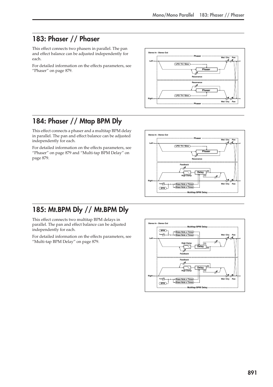 Phaser // phaser, Phaser // mtap bpm dly, Mt.bpm dly // mt.bpm dly | Mono/mono parallel 183: phaser // phaser | KORG Electronic Keyboard User Manual | Page 901 / 1127