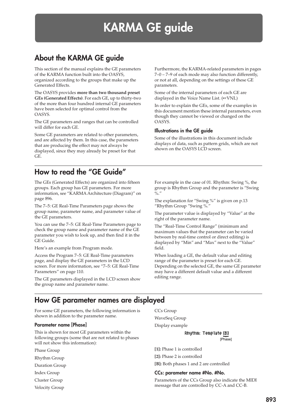 Karma ge guide, About the karma ge guide, How to read the “ge guide | How ge parameter names are displayed | KORG Electronic Keyboard User Manual | Page 903 / 1127