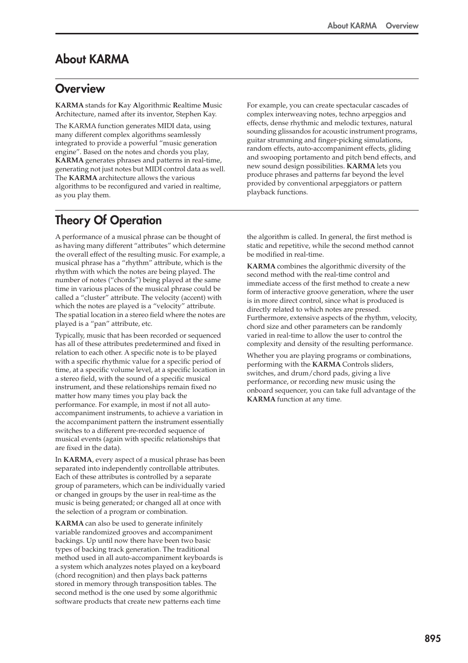 About karma, Overview, Theory of operation | Overview theory of operation, About karma overview | KORG Electronic Keyboard User Manual | Page 905 / 1127