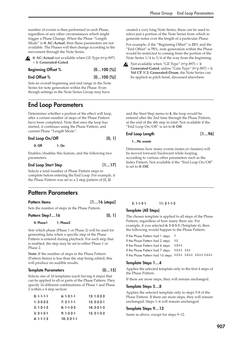 End loop parameters, Pattern parameters, End loop parameters pattern parameters | KORG Electronic Keyboard User Manual | Page 917 / 1127