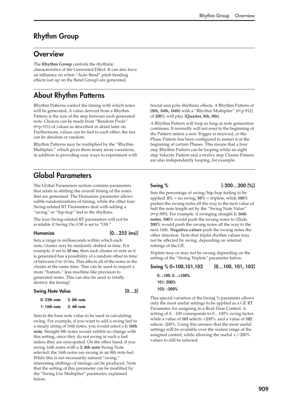 Rhythm group, Overview, About rhythm patterns | Global parameters, Overview about rhythm patterns global parameters, Rhythm group overview | KORG Electronic Keyboard User Manual | Page 919 / 1127