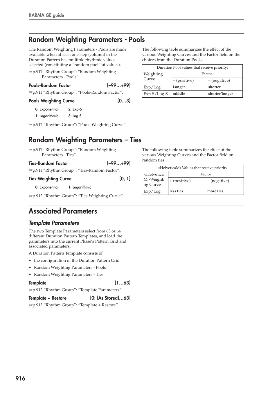 Random weighting parameters - pools, Random weighting parameters - ties, Associated parameters | Random weighting parameters – ties, Template parameters | KORG Electronic Keyboard User Manual | Page 926 / 1127