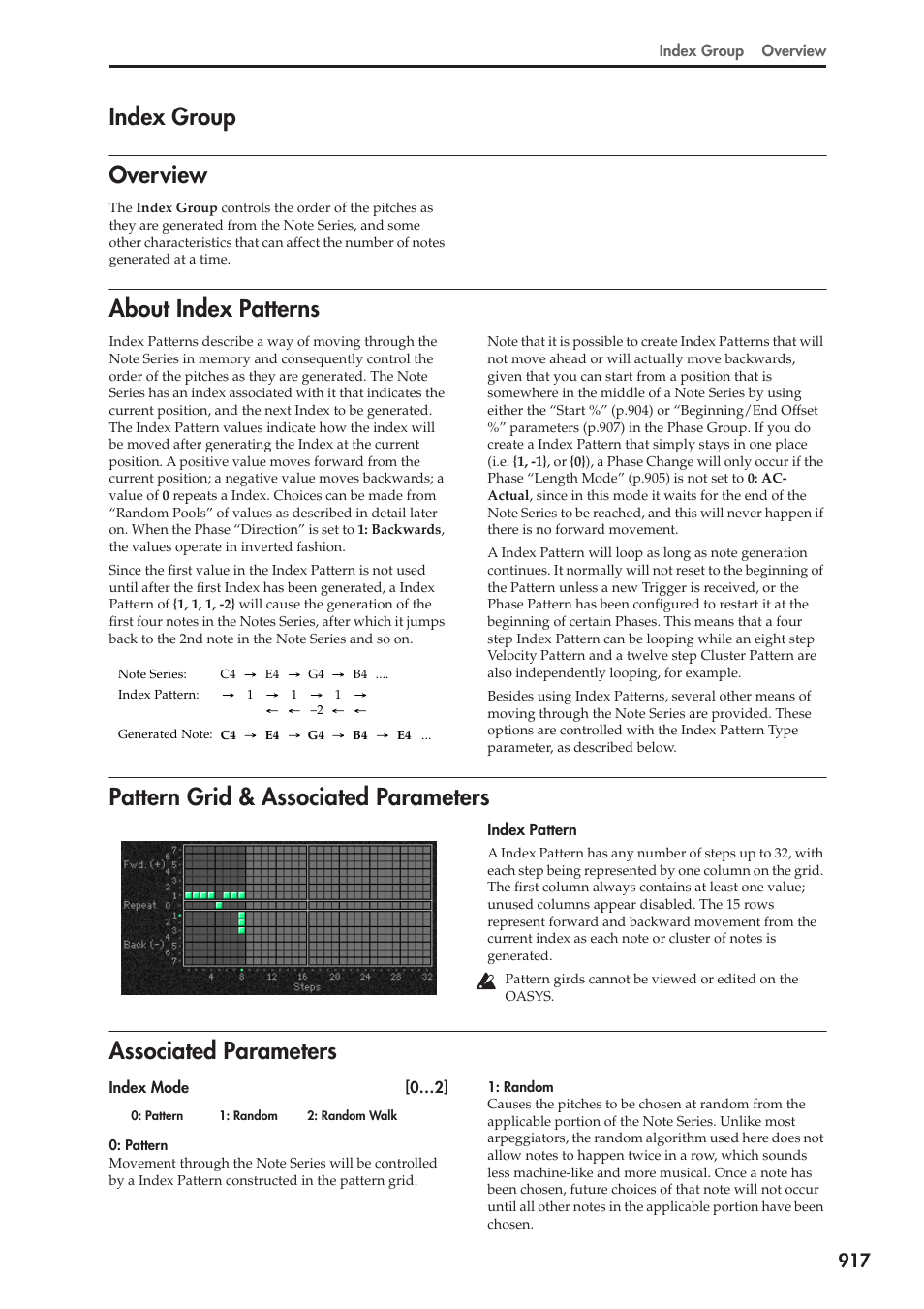 Index group, Overview, About index patterns | Pattern grid & associated parameters, Associated parameters, Index group overview | KORG Electronic Keyboard User Manual | Page 927 / 1127