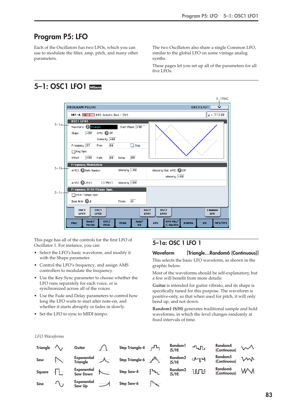 Program p5: lfo, 1: osc1 lfo1, 1a: osc 1 lfo 1 | 5–1: osc1 lfo1, 5–1a: osc 1 lfo 1 | KORG Electronic Keyboard User Manual | Page 93 / 1127