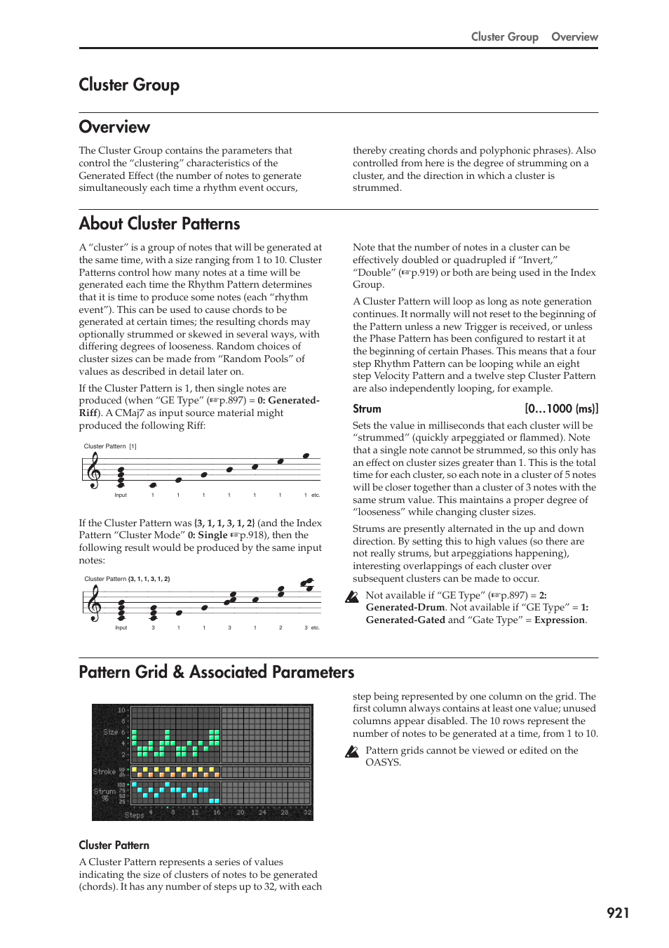 Cluster group, Overview, About cluster patterns | Pattern grid & associated parameters, Cluster group overview, Cluster pattern | KORG Electronic Keyboard User Manual | Page 931 / 1127