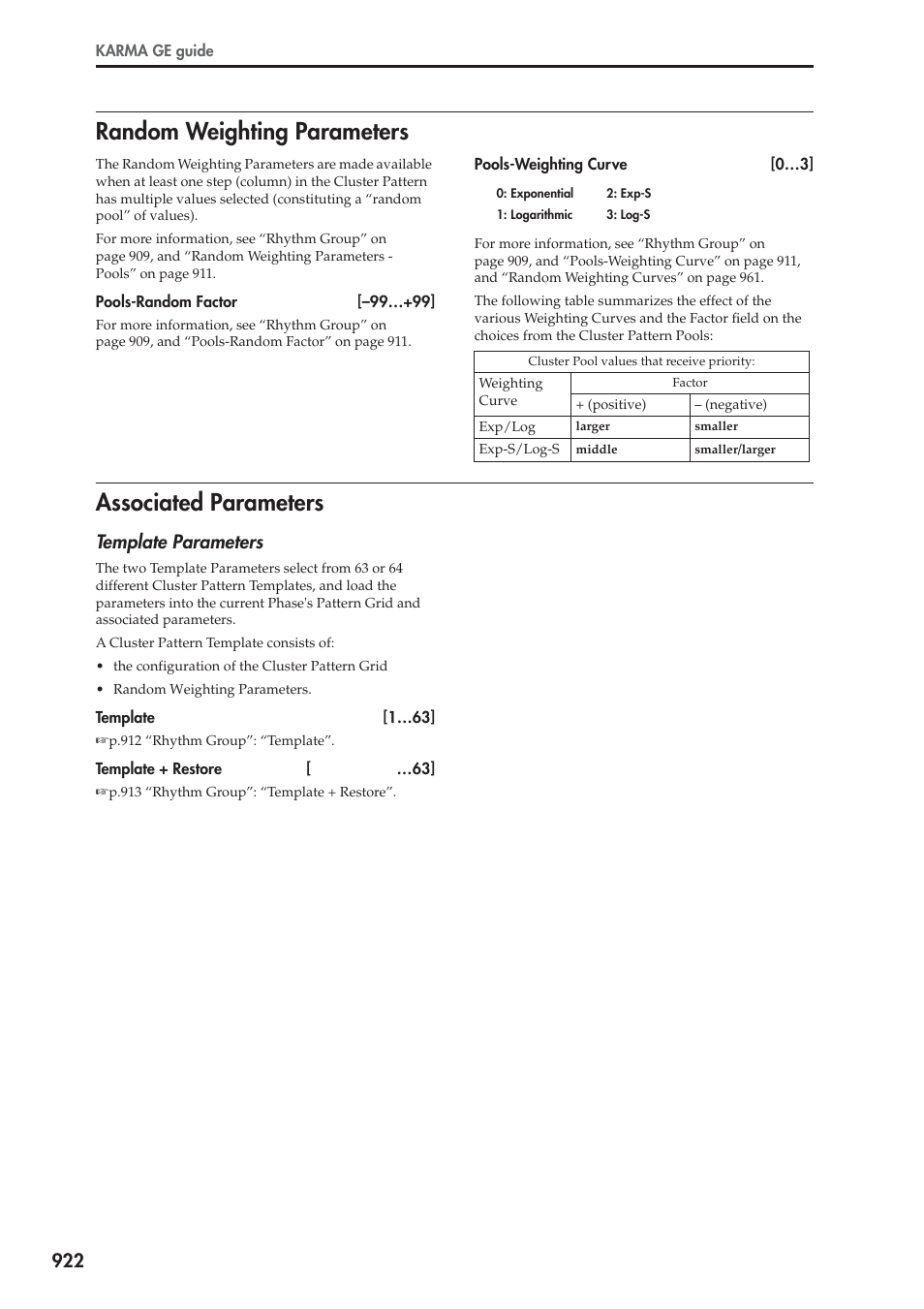 Random weighting parameters, Associated parameters, Random weighting parameters associated parameters | Template parameters | KORG Electronic Keyboard User Manual | Page 932 / 1127