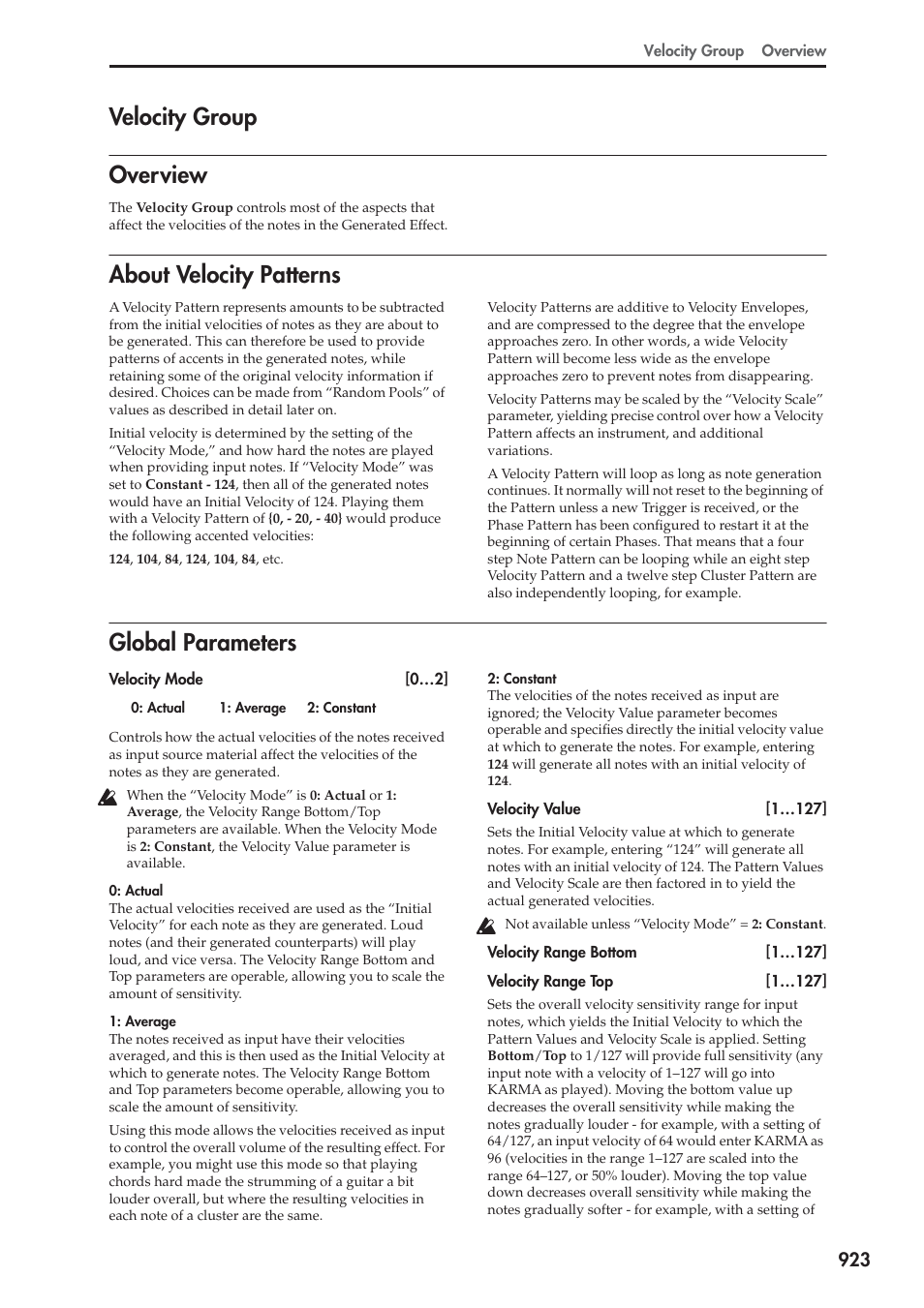 Velocity group, Overview, About velocity patterns | Global parameters, Overview about velocity patterns global parameters, Velocity group overview | KORG Electronic Keyboard User Manual | Page 933 / 1127
