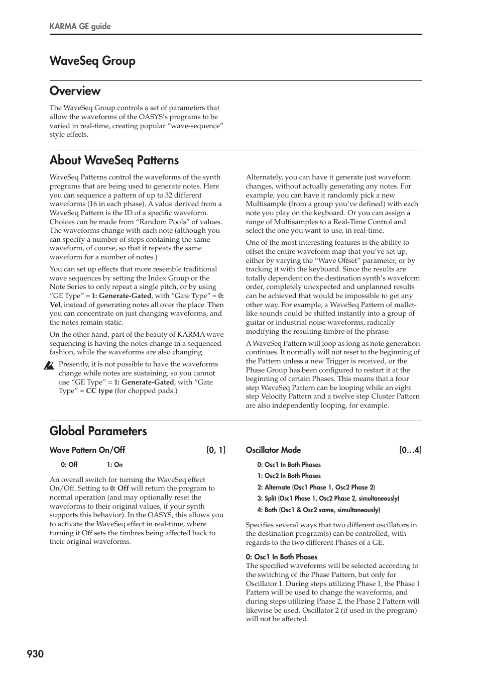 Waveseq group, Overview, About waveseq patterns | Global parameters, Overview about waveseq patterns global parameters, Waveseq group overview | KORG Electronic Keyboard User Manual | Page 940 / 1127