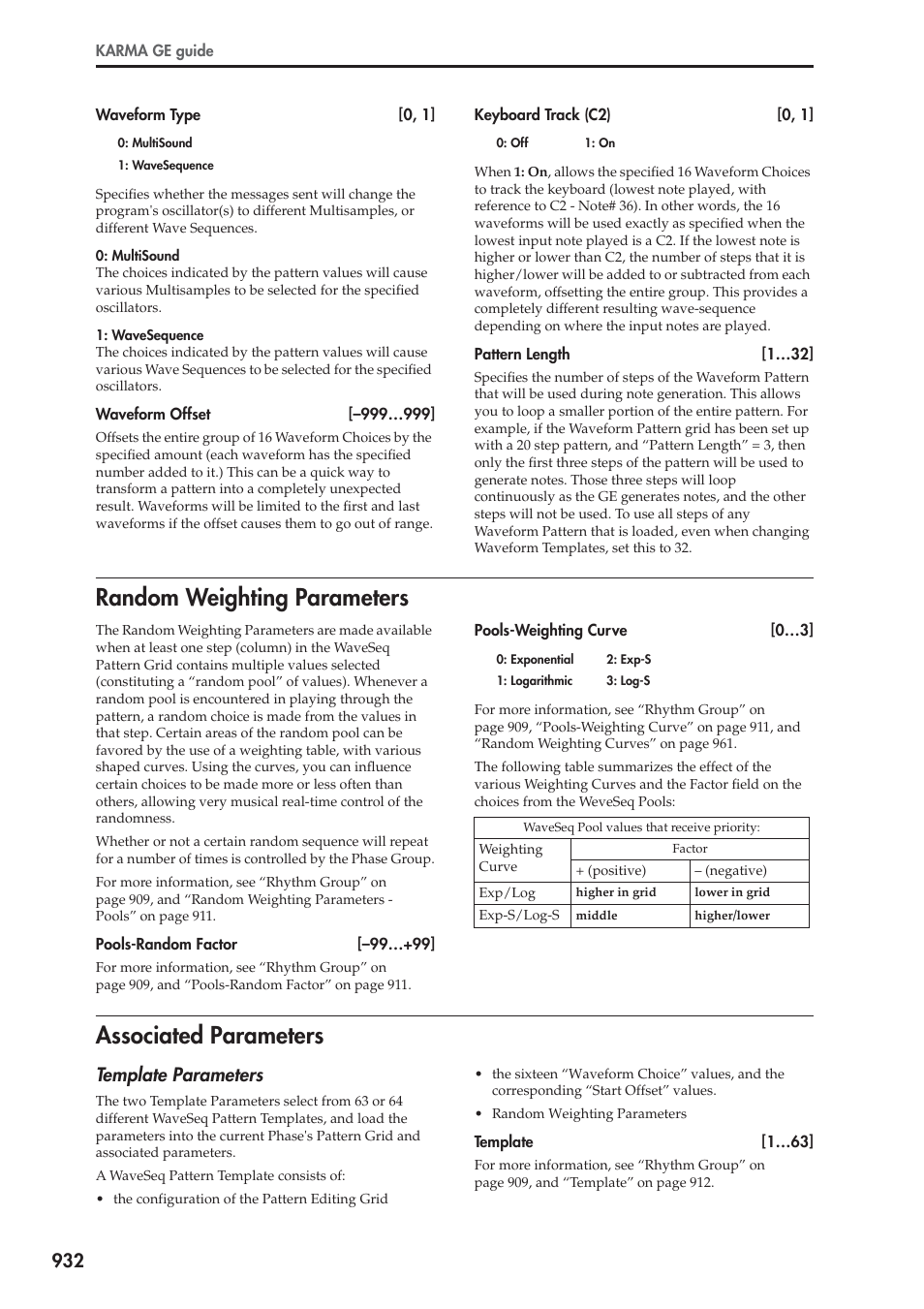 Random weighting parameters, Associated parameters, Random weighting parameters associated parameters | Template parameters | KORG Electronic Keyboard User Manual | Page 942 / 1127
