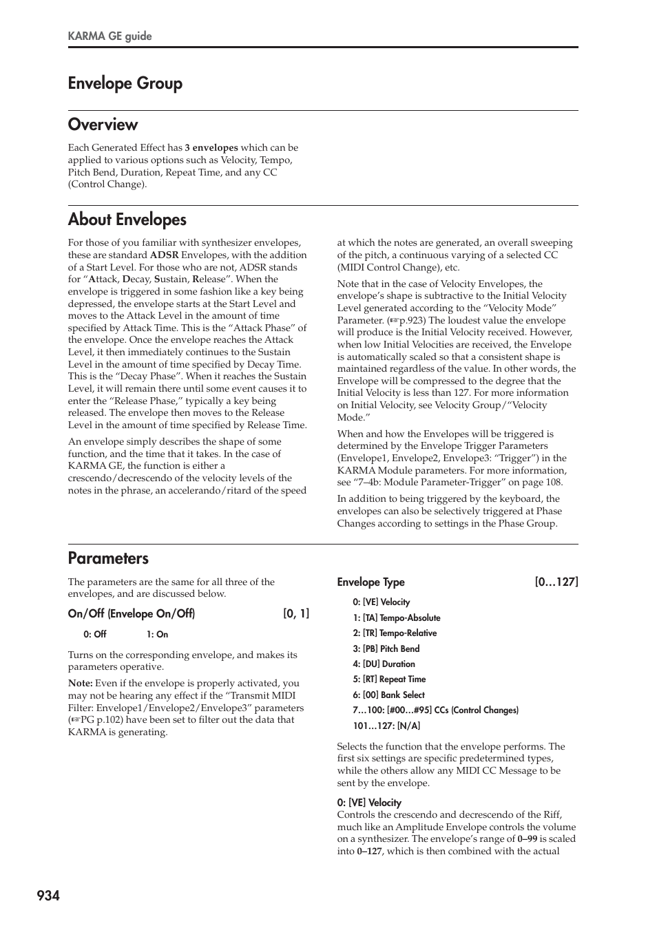 Envelope group, Overview, About envelopes | Parameters, Overview about envelopes parameters, Envelope group overview | KORG Electronic Keyboard User Manual | Page 944 / 1127