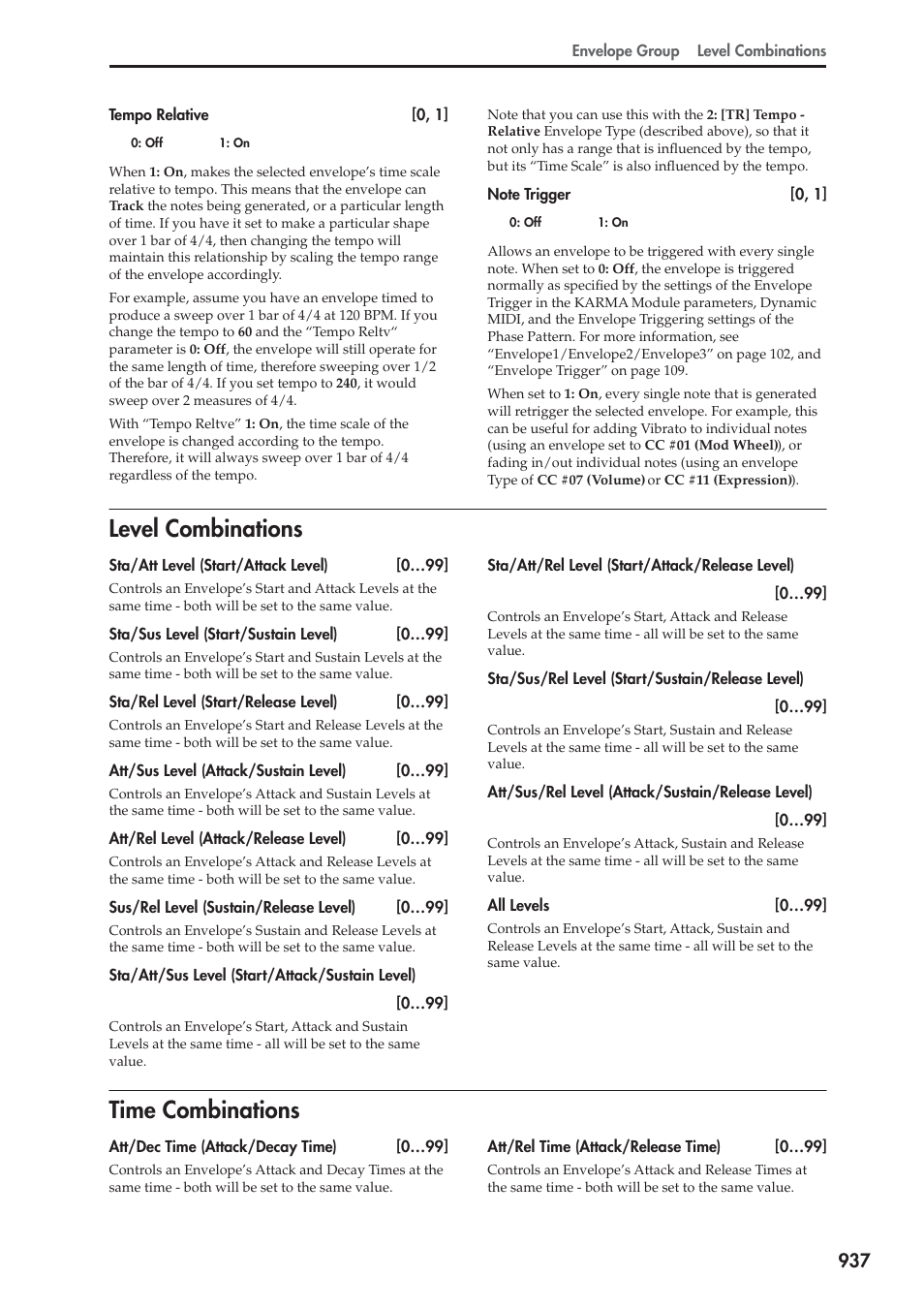 Level combinations, Time combinations, Level combinations time combinations | KORG Electronic Keyboard User Manual | Page 947 / 1127