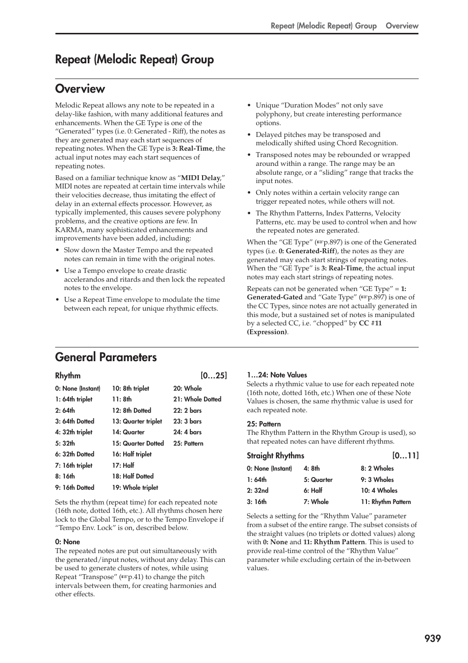 Repeat (melodic repeat) group, Overview, General parameters | Overview general parameters, Repeat (melodic repeat) group overview | KORG Electronic Keyboard User Manual | Page 949 / 1127