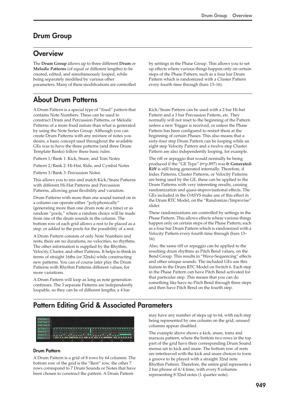 Drum group, Overview, About drum patterns | Pattern editing grid & associated parameters, Drum group overview | KORG Electronic Keyboard User Manual | Page 959 / 1127