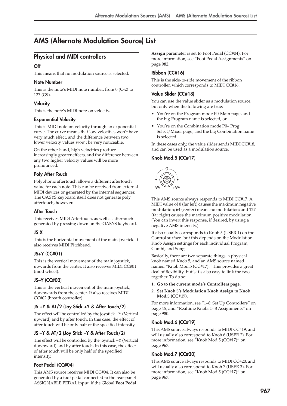 Ams (alternate modulation source) list, Physical and midi controllers | KORG Electronic Keyboard User Manual | Page 977 / 1127