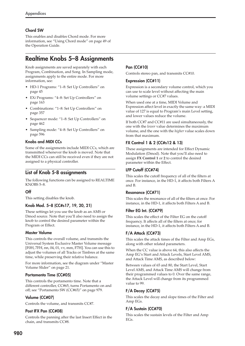 Realtime knobs 5-8 assignments, List of knob 5-8 assignments, Realtime knobs 5–8 assignments | KORG Electronic Keyboard User Manual | Page 990 / 1127
