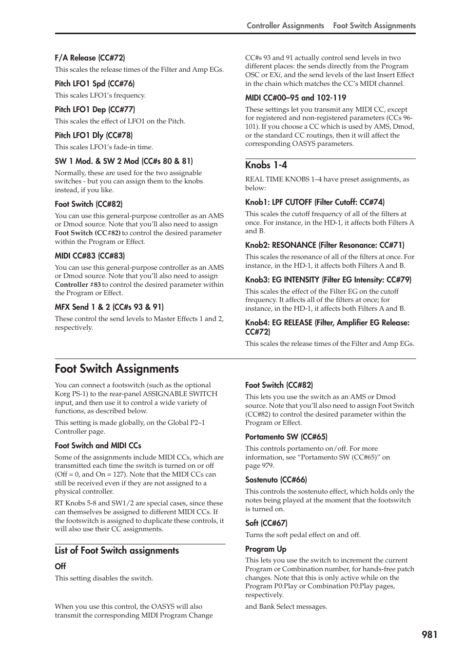 Knobs 1-4, Foot switch assignments, List of foot switch assignments | P.981 | KORG Electronic Keyboard User Manual | Page 991 / 1127