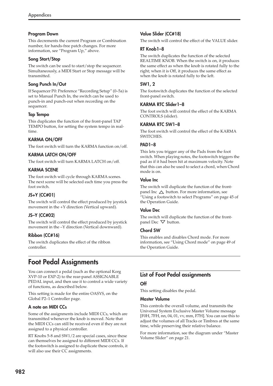 Foot pedal assignments, List of foot pedal assignments | KORG Electronic Keyboard User Manual | Page 992 / 1127