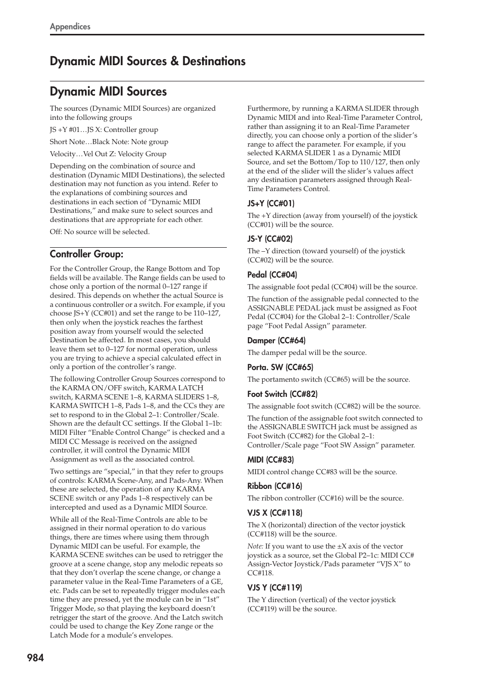 Dynamic midi sources & destinations, Dynamic midi sources, Controller group | KORG Electronic Keyboard User Manual | Page 994 / 1127