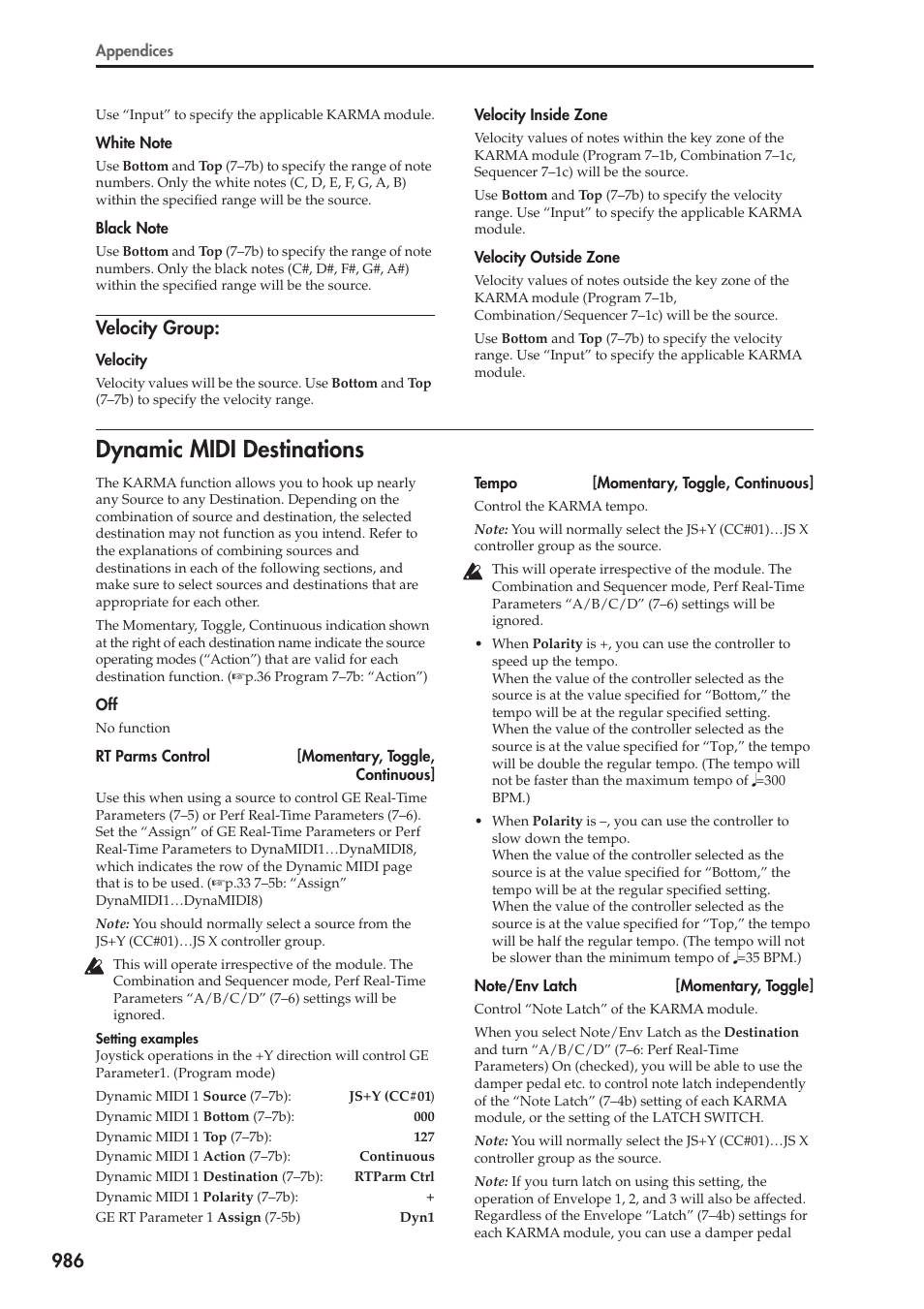 Velocity group, Dynamic midi destinations | KORG Electronic Keyboard User Manual | Page 996 / 1127