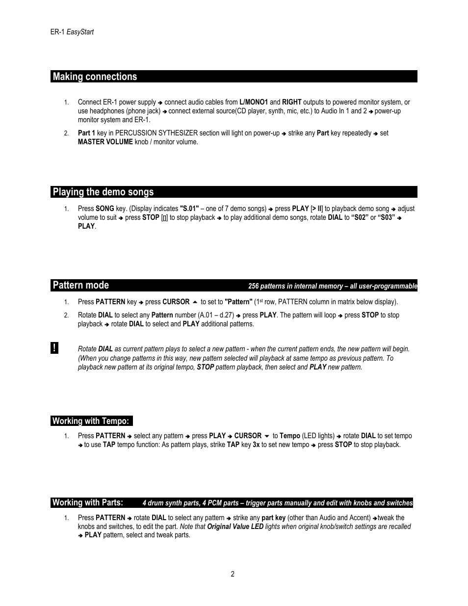 Making connections, Playing the demo songs, Pattern mode | Working with tempo, Working with parts | KORG ER-1 User Manual | Page 2 / 5