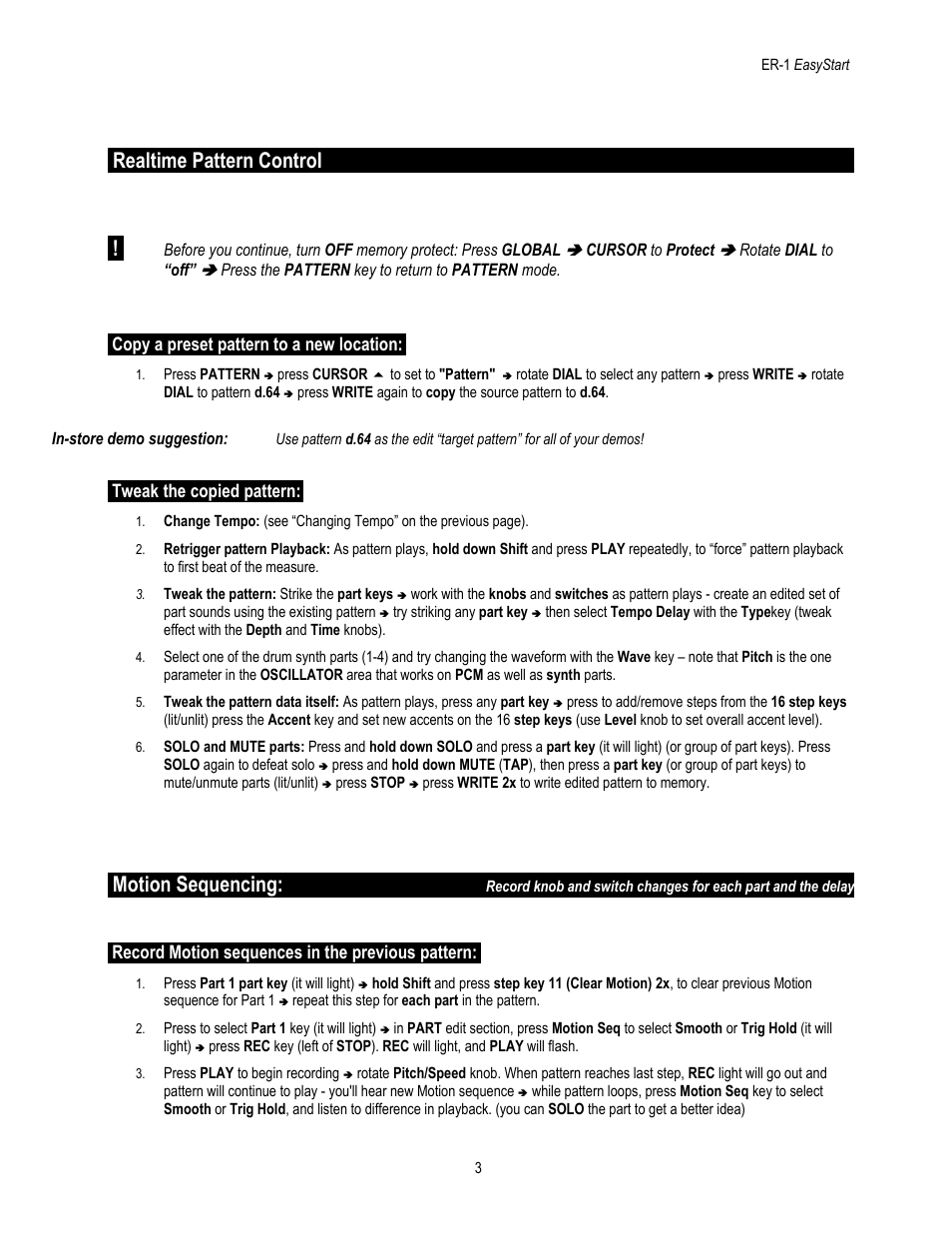 Realtime pattern control, Motion sequencing, Copy a preset pattern to a new location | Tweak the copied pattern, Record motion sequences in the previous pattern | KORG ER-1 User Manual | Page 3 / 5