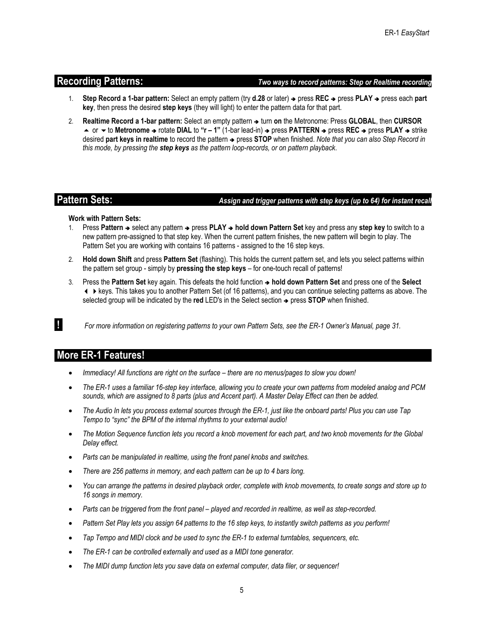 Recording patterns, Pattern sets, More er-1 features | KORG ER-1 User Manual | Page 5 / 5