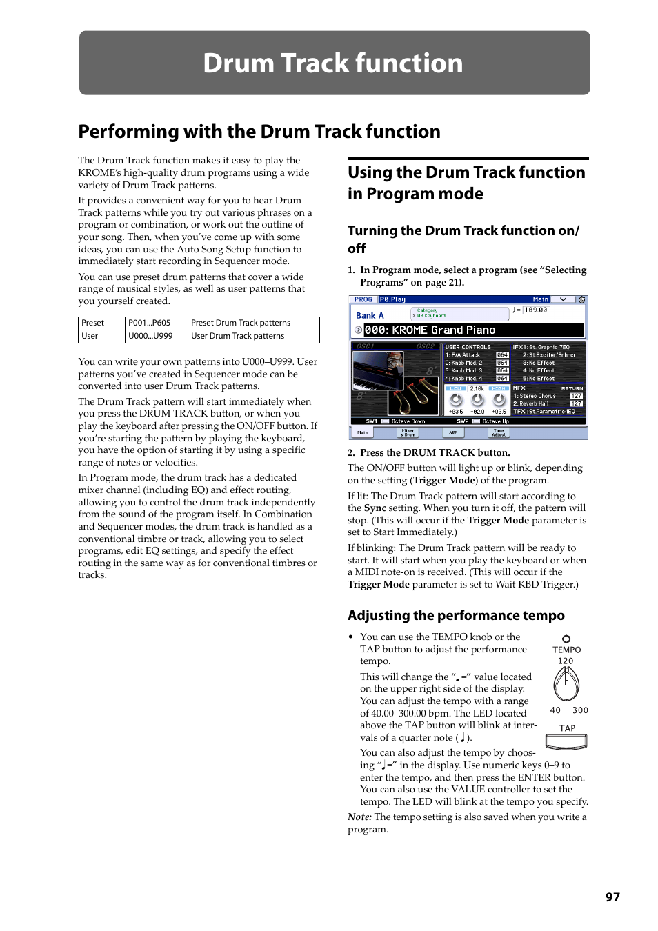 Drum track function, Performing with the drum track function, Using the drum track function in program mode | Mode, Turning the drum track function on/ off, Adjusting the performance tempo | KORG Krome music workstasion 61key User Manual | Page 101 / 142