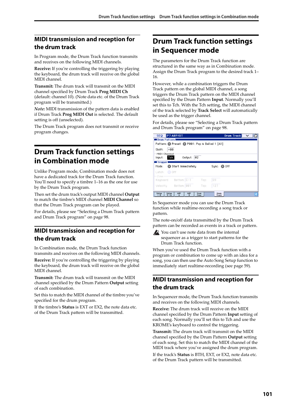 Drum track function settings in combination mode, Drum track function settings in sequencer mode, Drum track function settings in combination | Mode, Drum track function settings in sequencer, Midi transmission and reception for the drum track | KORG Krome music workstasion 61key User Manual | Page 105 / 142