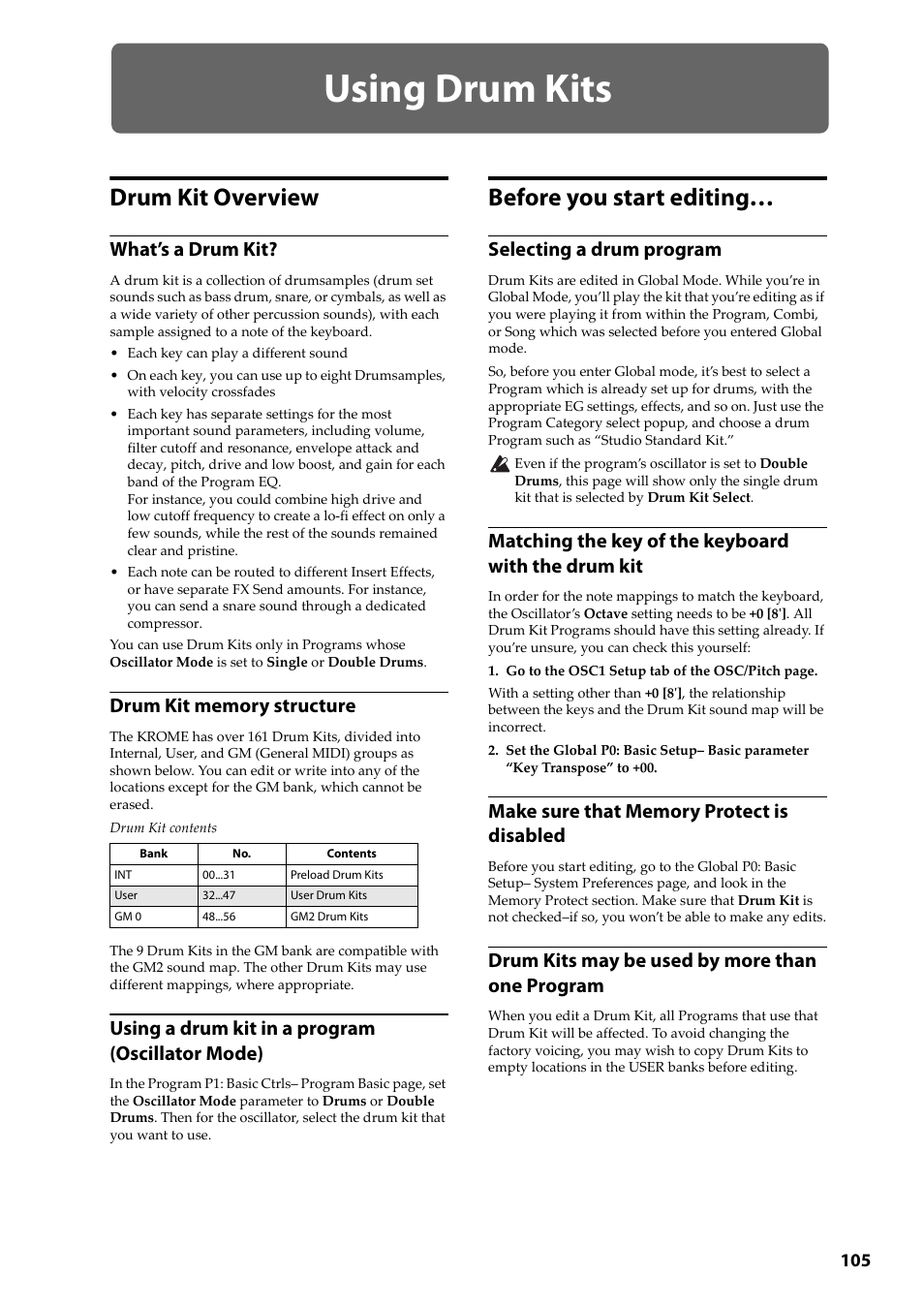 Using drum kits, Drum kit overview, Before you start editing | Drum kit overview before you start editing, What’s a drum kit, Using a drum kit in a program (oscillator mode), Selecting a drum program, Matching the key of the keyboard with the drum kit, Drum kits may be used by more than one program | KORG Krome music workstasion 61key User Manual | Page 109 / 142