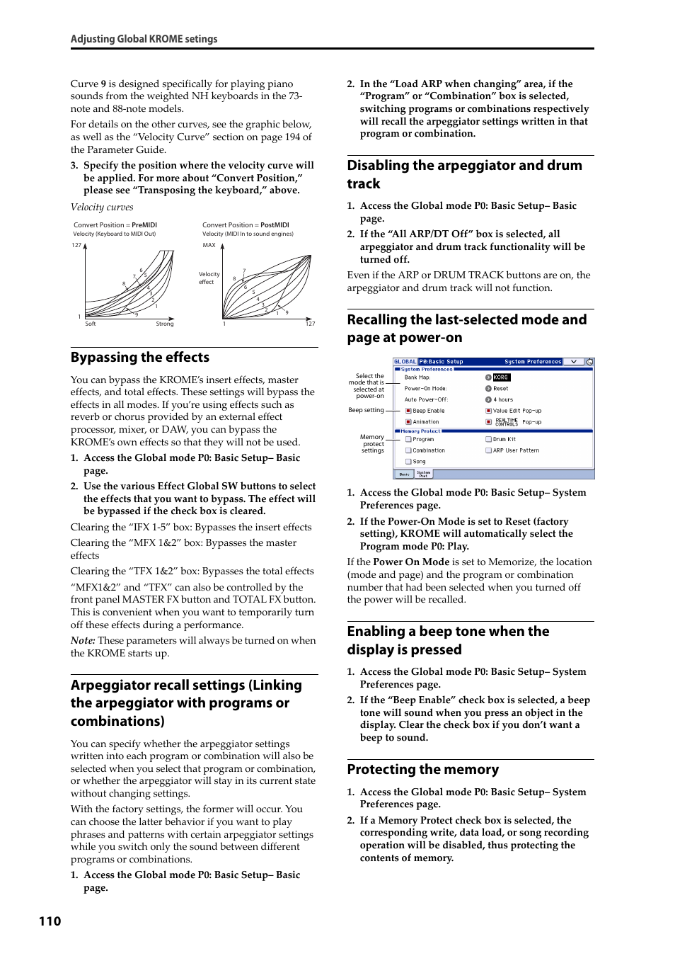 Bypassing the effects, Disabling the arpeggiator and drum track, Enabling a beep tone when the display is pressed | KORG Krome music workstasion 61key User Manual | Page 114 / 142