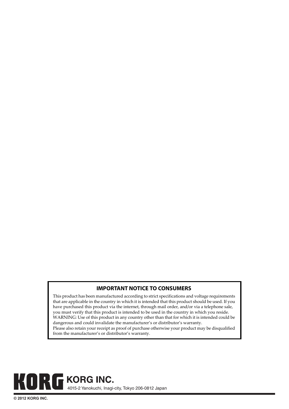 Important notice to consumers | KORG Krome music workstasion 61key User Manual | Page 142 / 142