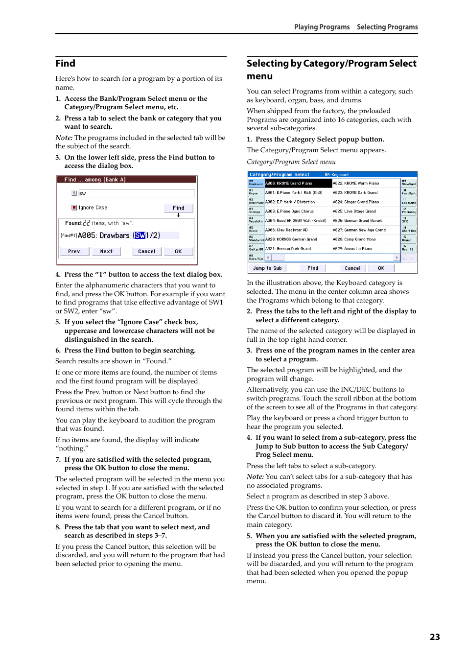 Find, Selecting by category/program select menu | KORG Krome music workstasion 61key User Manual | Page 27 / 142