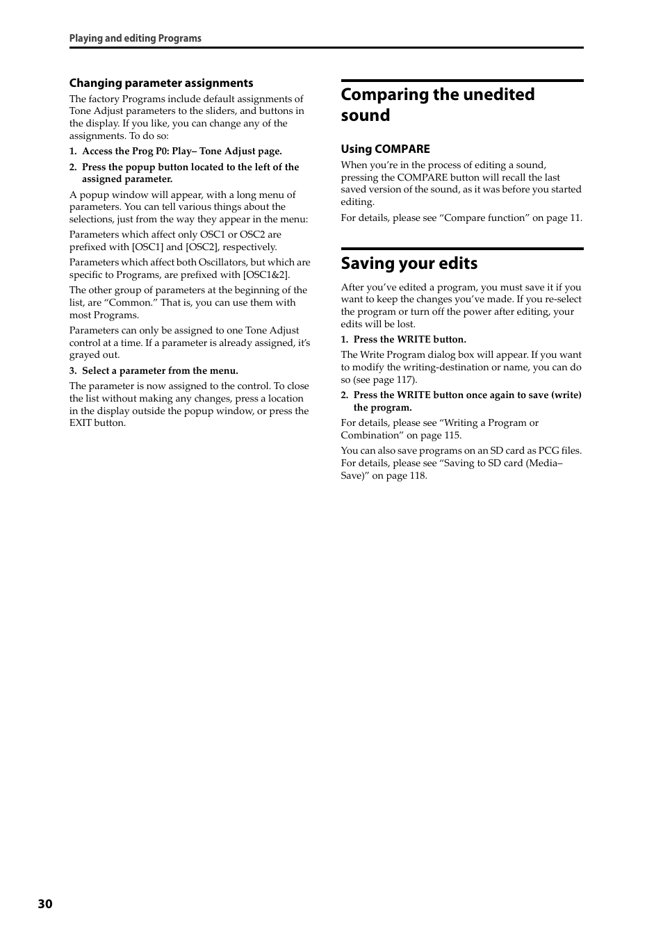 Comparing the unedited sound, Saving your edits, Comparing the unedited sound saving your edits | P.30 | KORG Krome music workstasion 61key User Manual | Page 34 / 142