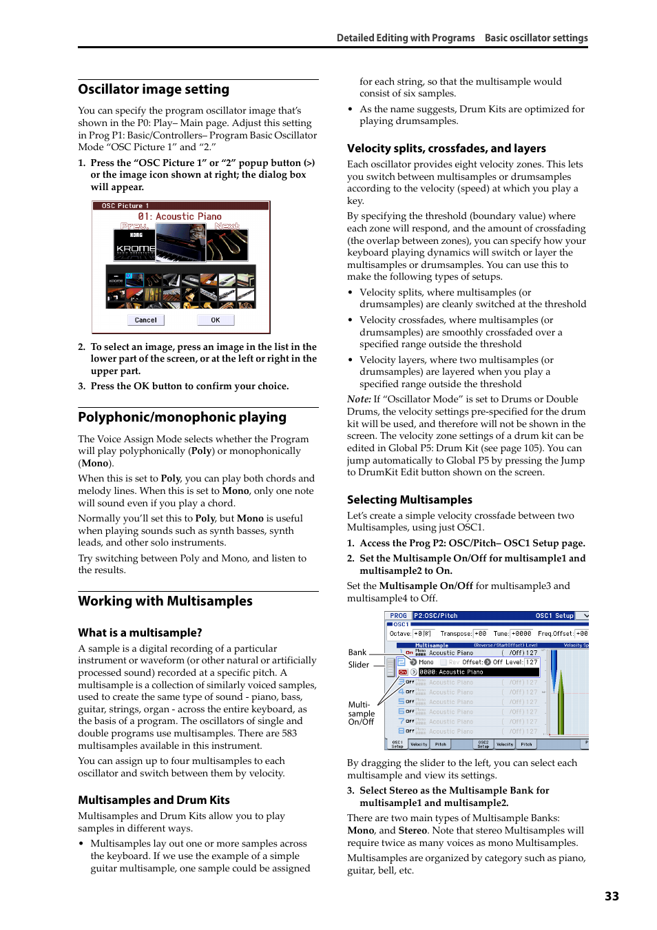 Oscillator image setting, Polyphonic/monophonic playing, Working with multisamples | KORG Krome music workstasion 61key User Manual | Page 37 / 142