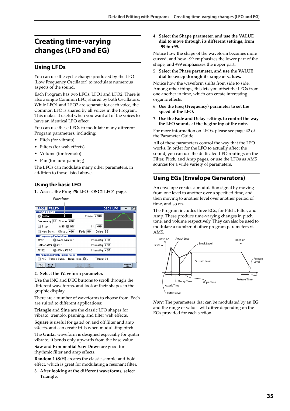 Creating time-varying changes (lfo and eg), Using lfos, Using egs (envelope generators) | Using the basic lfo | KORG Krome music workstasion 61key User Manual | Page 39 / 142