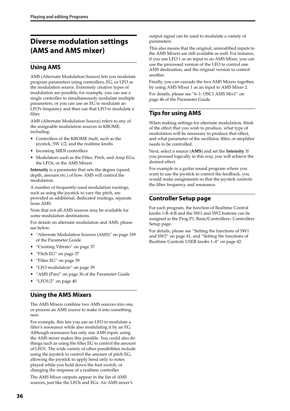 Diverse modulation settings (ams and ams mixer), Diverse modulation settings, Ams and ams mixer) | Using ams, Using the ams mixers, Tips for using ams, Controller setup page | KORG Krome music workstasion 61key User Manual | Page 40 / 142