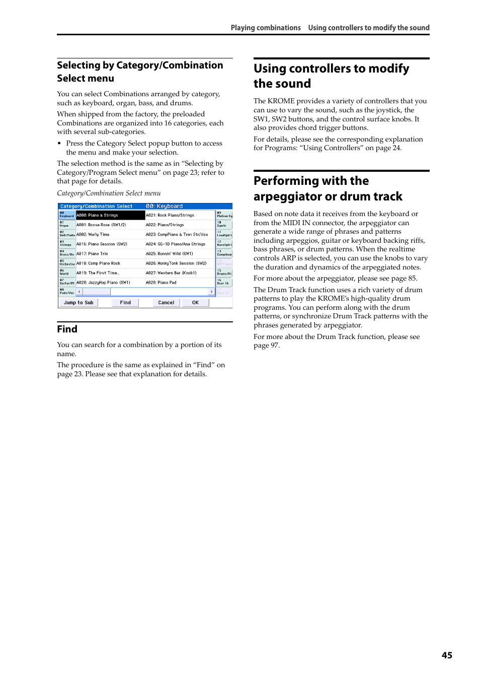 Using controllers to modify the sound, Performing with the arpeggiator or drum track, Selecting by category/combination select menu | Find | KORG Krome music workstasion 61key User Manual | Page 49 / 142