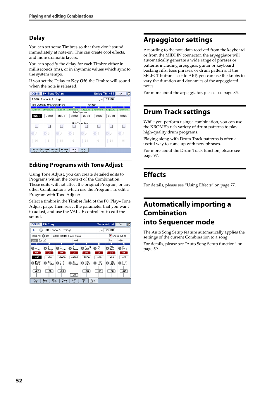 Arpeggiator settings, Drum track settings, Effects | Into sequencer mode | KORG Krome music workstasion 61key User Manual | Page 56 / 142